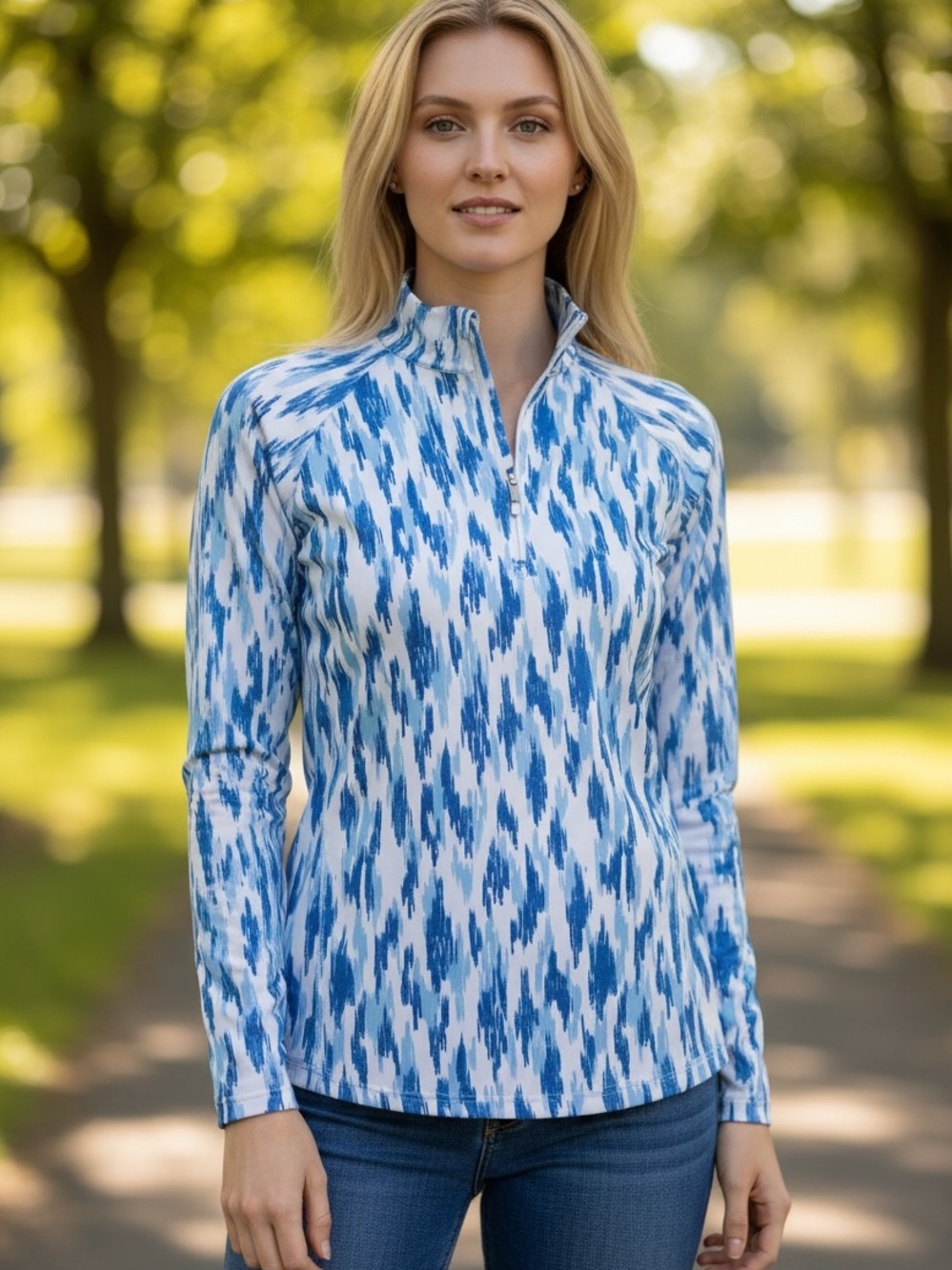 NEW WITH TAGS: Lady Hagen Women's Blue Print Long Sleeve Quarter-Zip Top UPF50